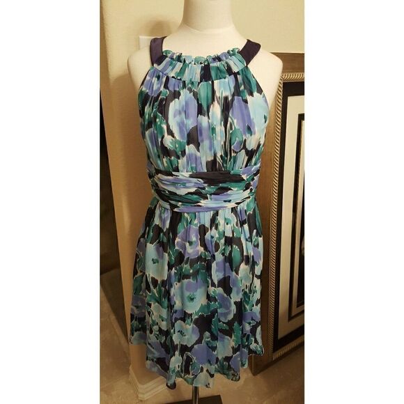 Kay Unger NY Blue Green Multi Floral Chiffon Empire Waist Dress - Size 6 - Picture 1 of 4